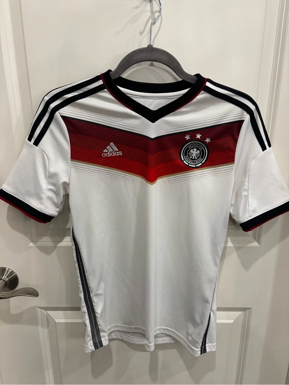adidas White Climacool Germany Soccer Jersey with Black Stripes